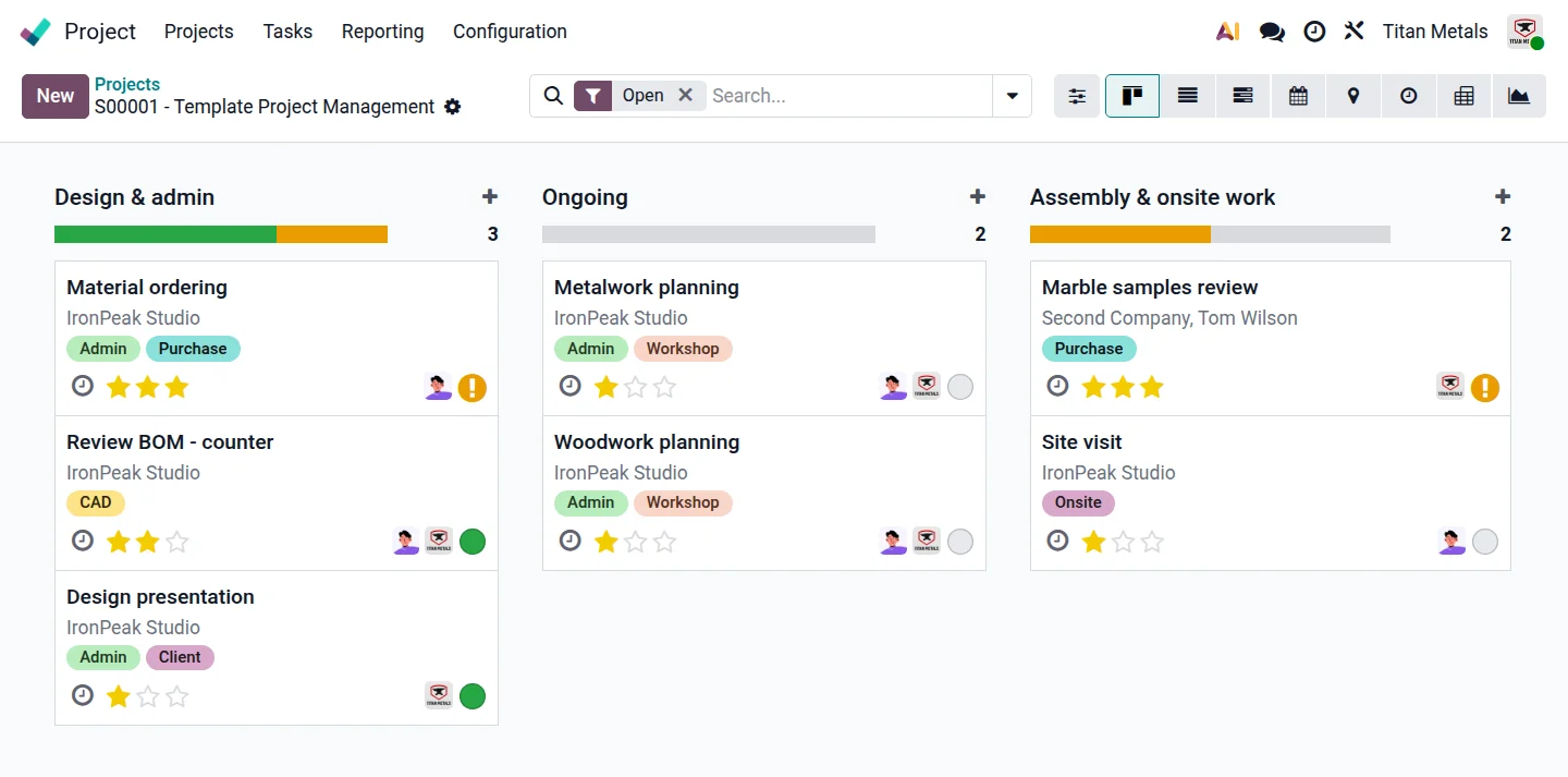 Odoo Project Kanban Board für Titan Metals: Design & admin, Ongoing, Assembly & onsite work. Fertigungsplanung, Arbeitsplätze und MRP im Odoo ERP für produzierende Mittelstandsbetriebe