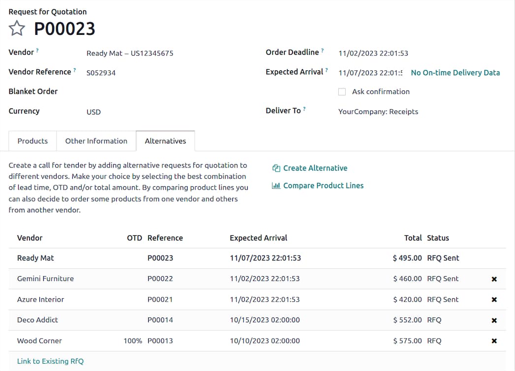 Odoo Vertrieb Angebotsverwaltung: Quotation P00023 mit alternativen Angeboten und Produktvergleich. CRM, Pipeline, Aufträge und Rechnungen integriert im Odoo ERP für Mittelstandsbetriebe