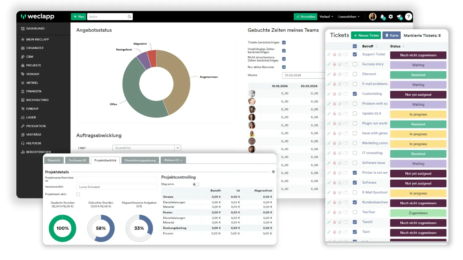 weclapp Auftragsabwicklung Screenshot: Angebotsstatus, Auftragsabwicklung, Projektcontrolling und Ticketverwaltung in einem ERP-System für Handel und Großhandel